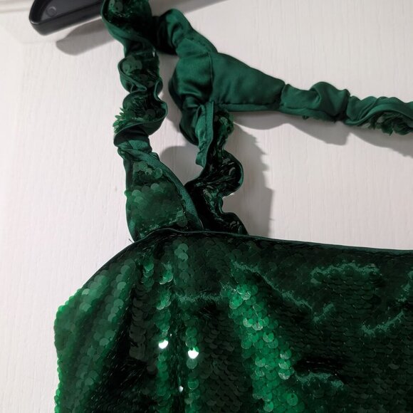 Ganni | Twisted Sequined Satin Mini Dress In Kelly Green - Picture 12 of 15